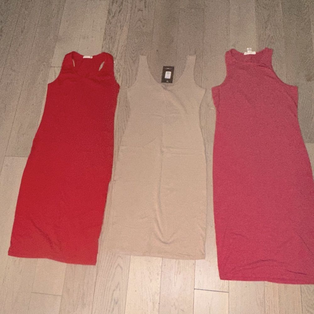 Three Bodycon Midi Dresses, Red NWOT, Taupe NWT, and Marled Red Used Gently